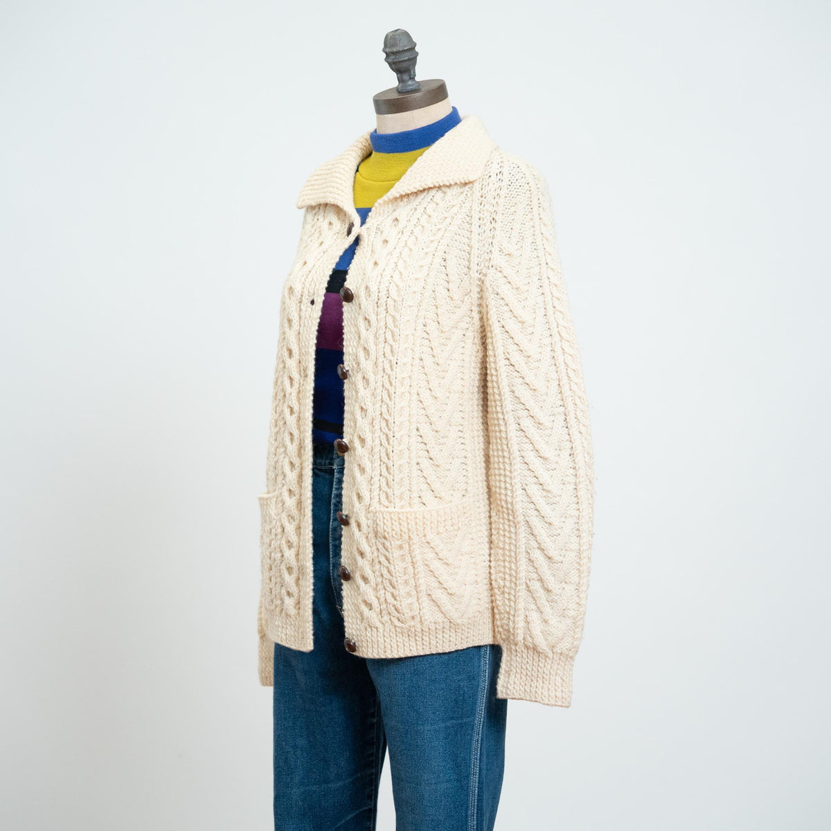 Vintage 70s/80s Cream Wool Cable Knit Cardigan - Small to Medium | Irish Button Up Fisherman Sweater
