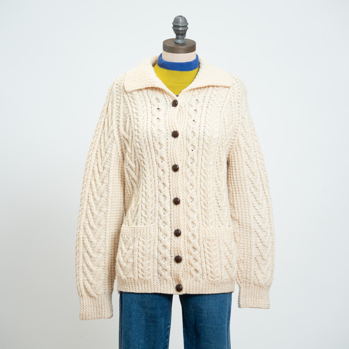 Vintage 70s/80s Cream Wool Cable Knit Cardigan - Small to Medium | Irish Button Up Fisherman Sweater