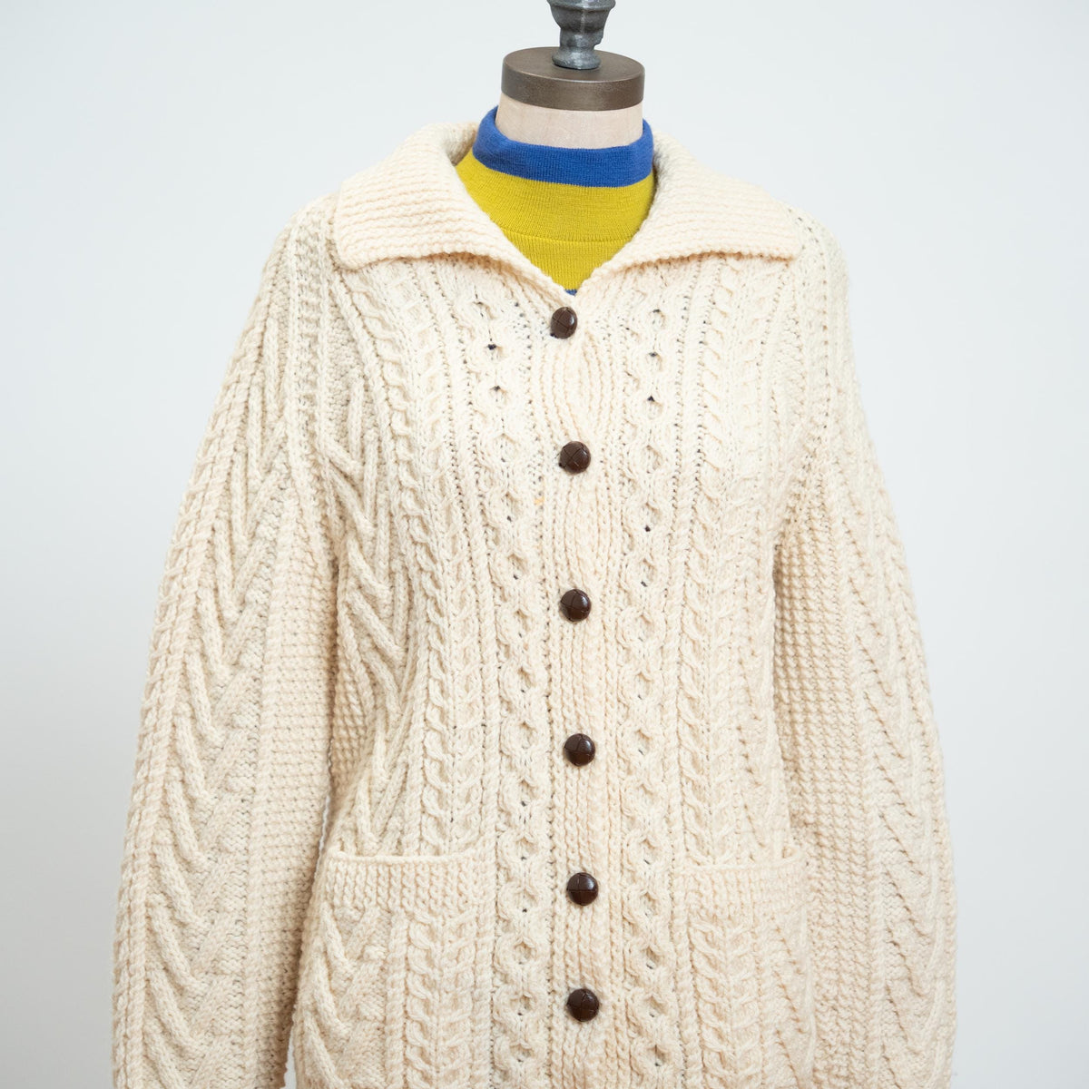 Vintage 70s/80s Cream Wool Cable Knit Cardigan - Small to Medium | Irish Button Up Fisherman Sweater