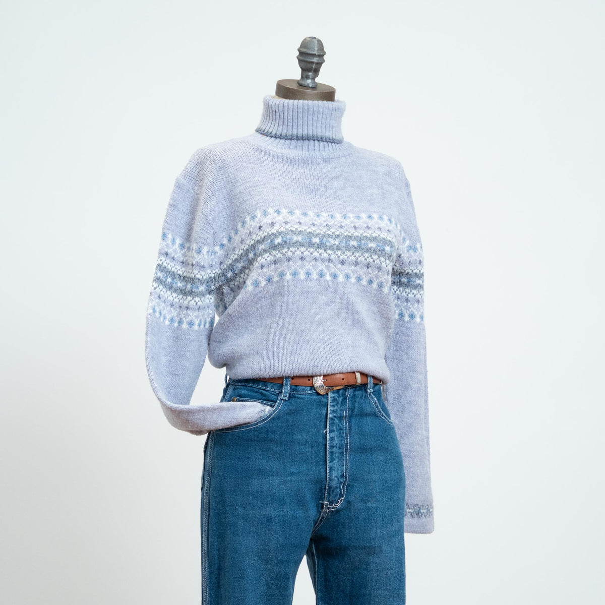 Vintage 90s Periwinkle Fair Isle Turtleneck Sweater - Medium | Pastel Nordic Knit Pullover