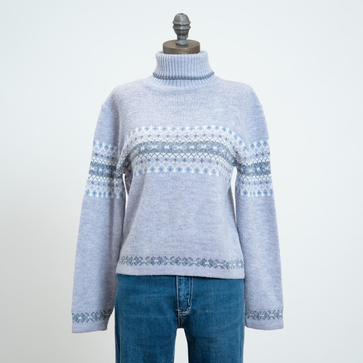 Vintage 90s Periwinkle Fair Isle Turtleneck Sweater - Medium | Pastel Nordic Knit Pullover