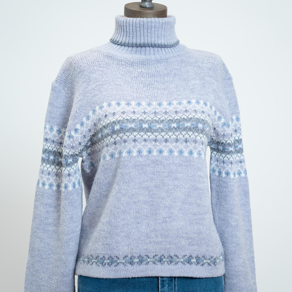 Vintage 90s Periwinkle Fair Isle Turtleneck Sweater - Medium | Pastel Nordic Knit Pullover
