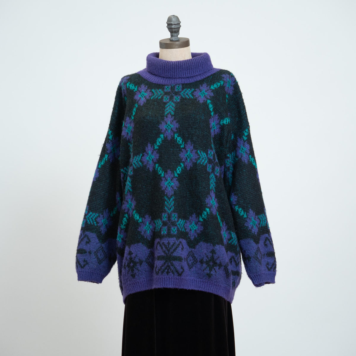 Vintage 80s Benetton Floral Mohair Sweater - Large | Purple Knit Oversize Longline Turtleneck