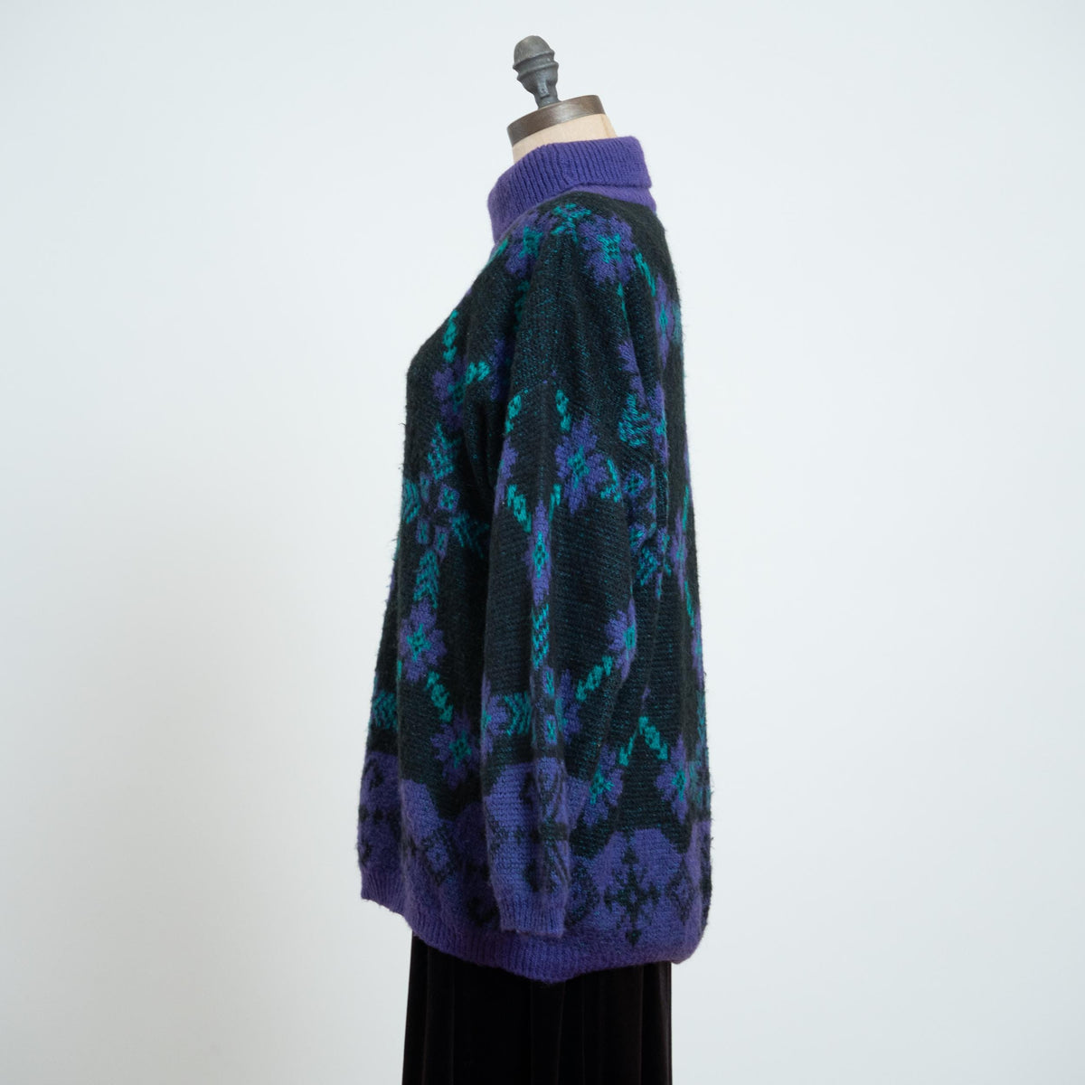 Vintage 80s Benetton Floral Mohair Sweater - Large | Purple Knit Oversize Longline Turtleneck