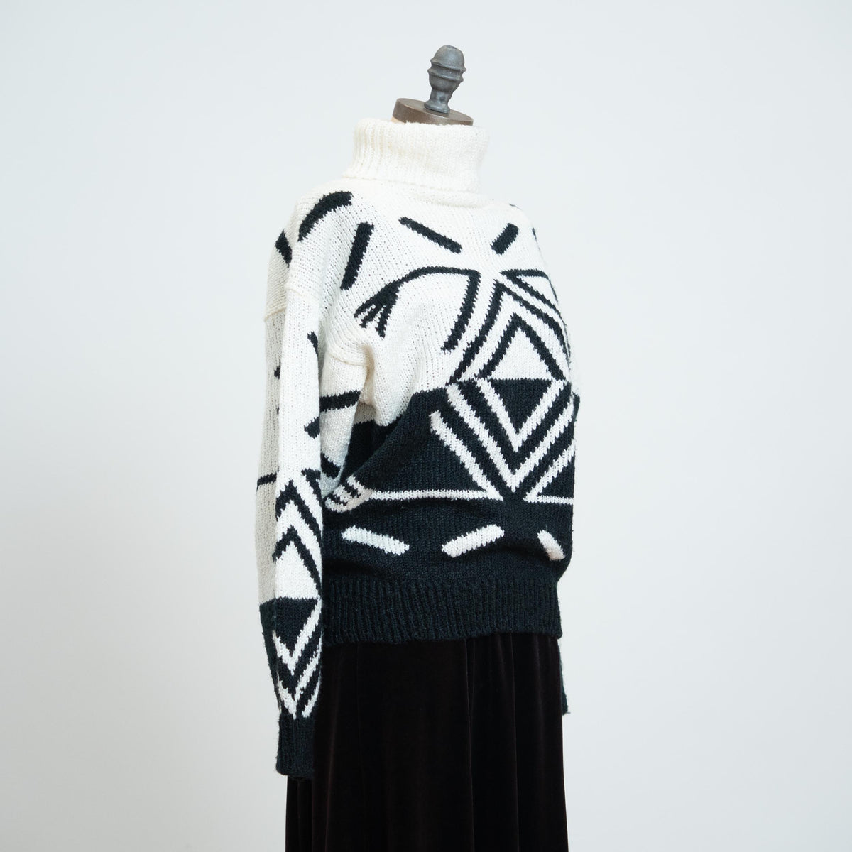 Vintage 80s Black & White Turtleneck Sweater - Medium | Oversize Geometric Knit Pullover
