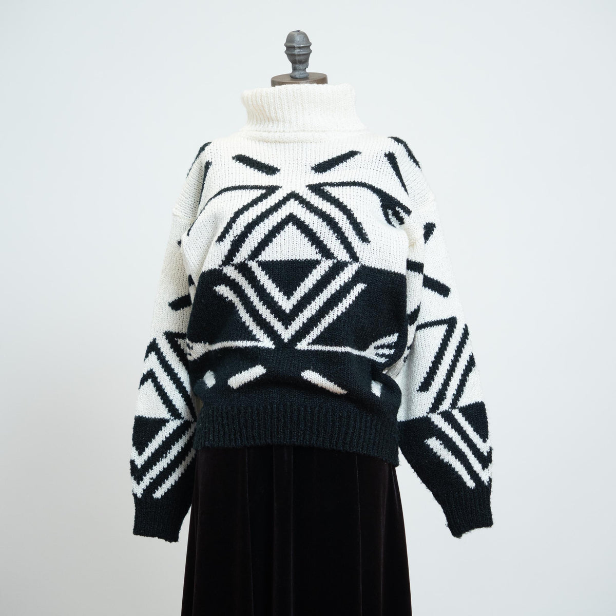 Vintage 80s Black & White Turtleneck Sweater - Medium | Oversize Geometric Knit Pullover