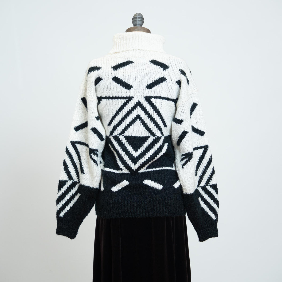 Vintage 80s Black & White Turtleneck Sweater - Medium | Oversize Geometric Knit Pullover