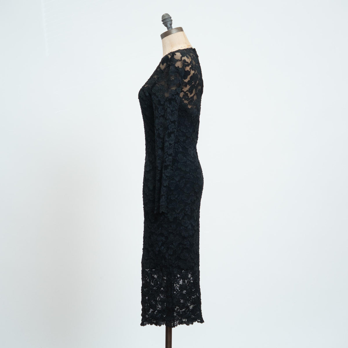 Vintage 80s AJ Bari Black Lace Midi Cocktail Dress - Small | Long Sleeve Keyhole Back Bodycon Party Dress