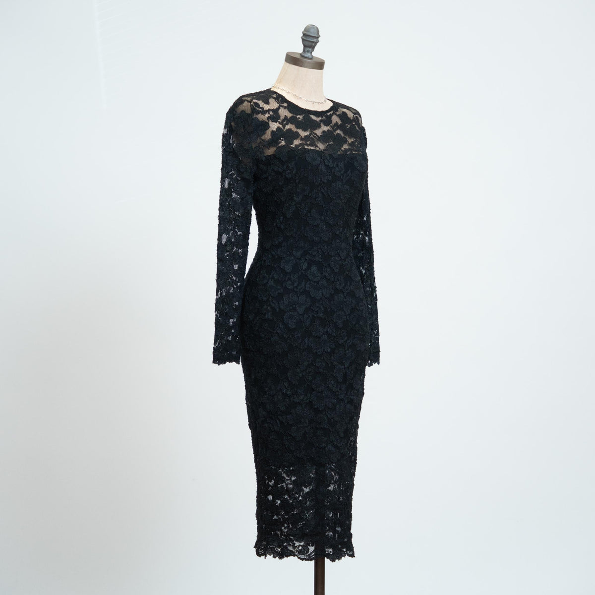 Vintage 80s AJ Bari Black Lace Midi Cocktail Dress - Small | Long Sleeve Keyhole Back Bodycon Party Dress