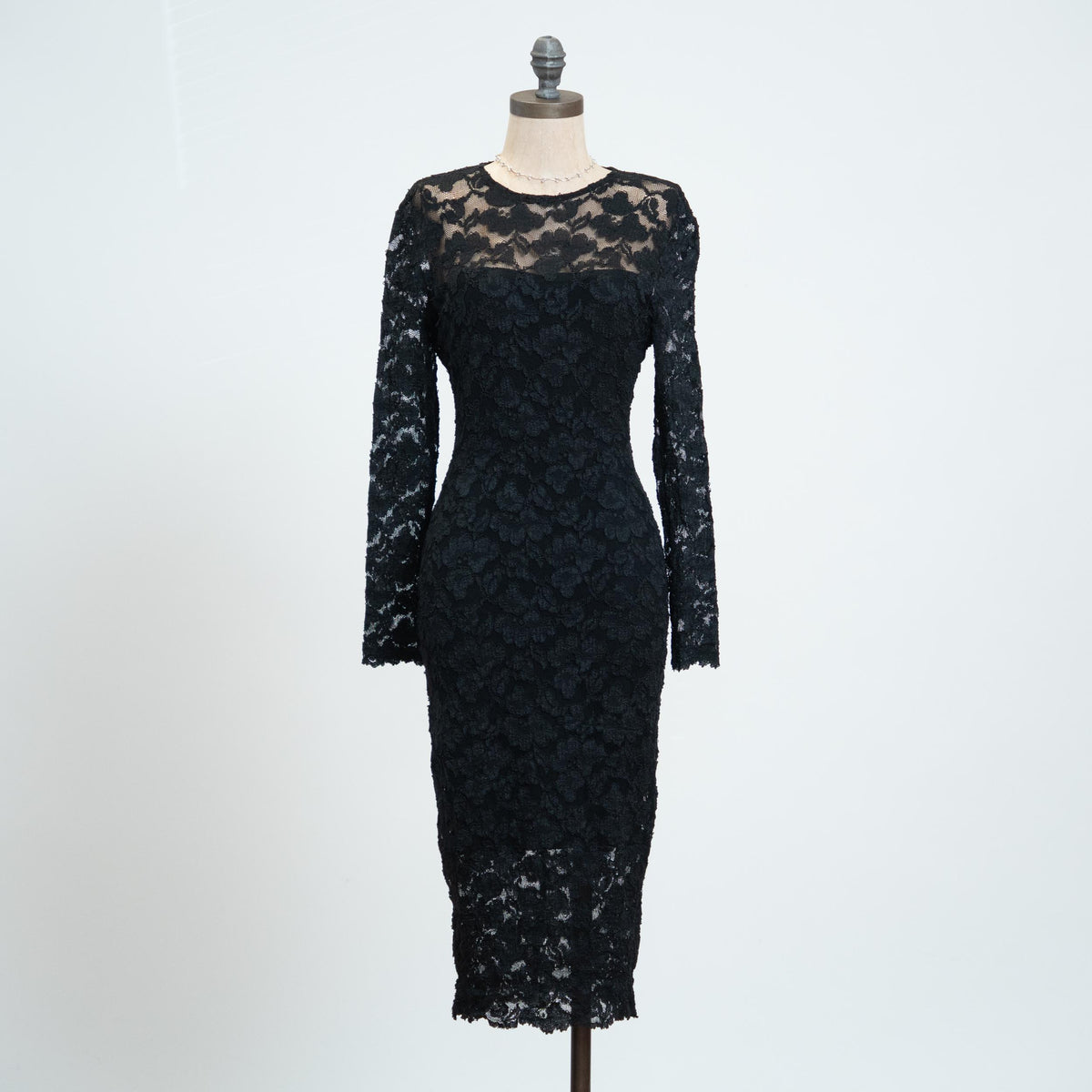 Vintage 80s AJ Bari Black Lace Midi Cocktail Dress - Small | Long Sleeve Keyhole Back Bodycon Party Dress