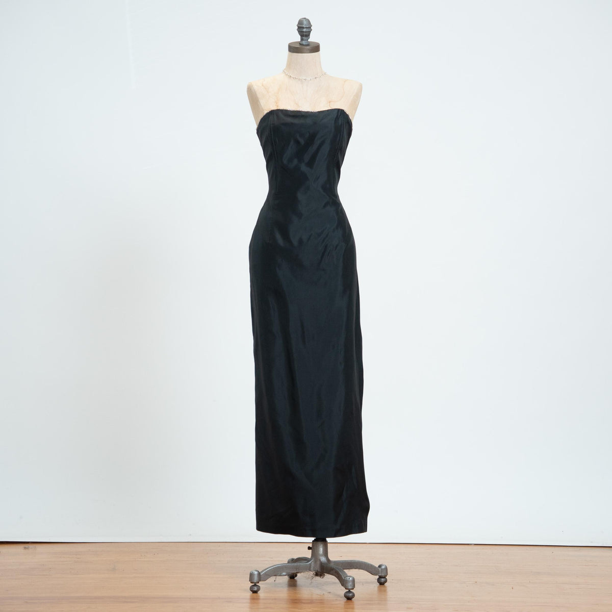 Vintage 90s Gunne Sax Black Satin Rhinestone Trim Gown - Small | Strapless Maxi Prom Dress