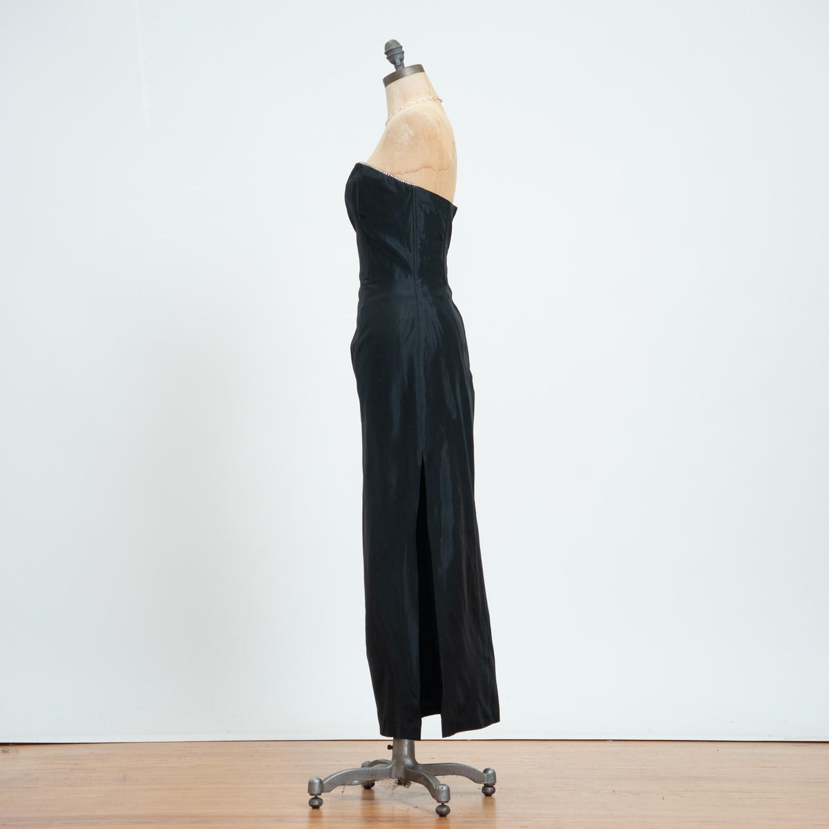 Vintage 90s Gunne Sax Black Satin Rhinestone Trim Gown - Small | Strapless Maxi Prom Dress