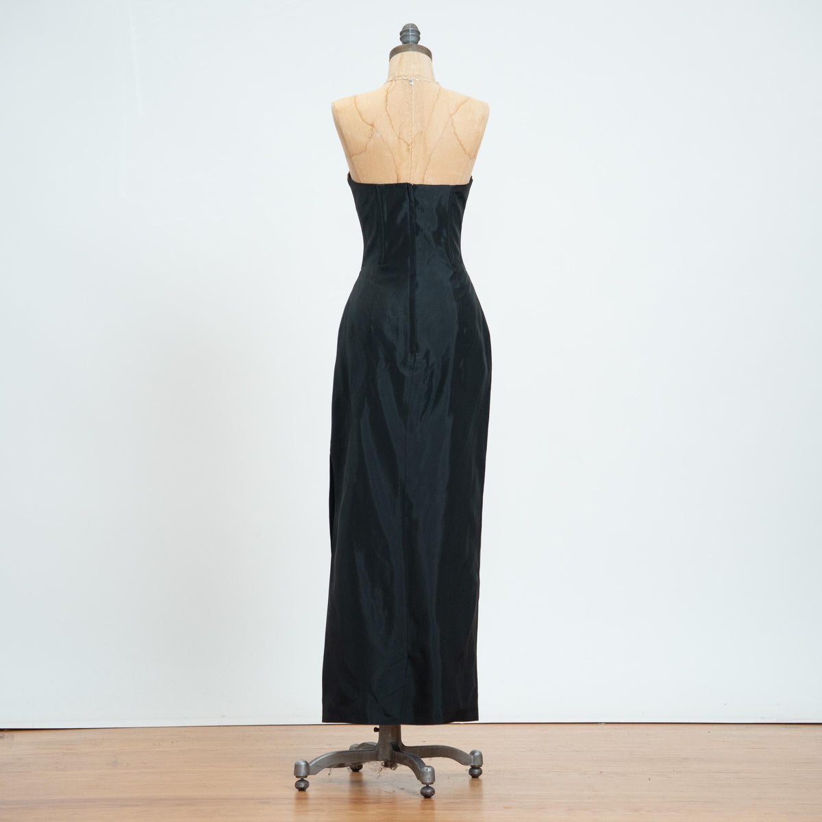 Vintage 90s Gunne Sax Black Satin Rhinestone Trim Gown - Small | Strapless Maxi Prom Dress