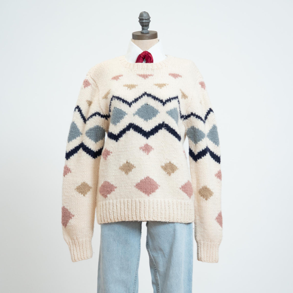 Vintage 80s Calvin Klein Geometric Wool Knit Sweater - Medium | Cream Chunky Knit Pullover