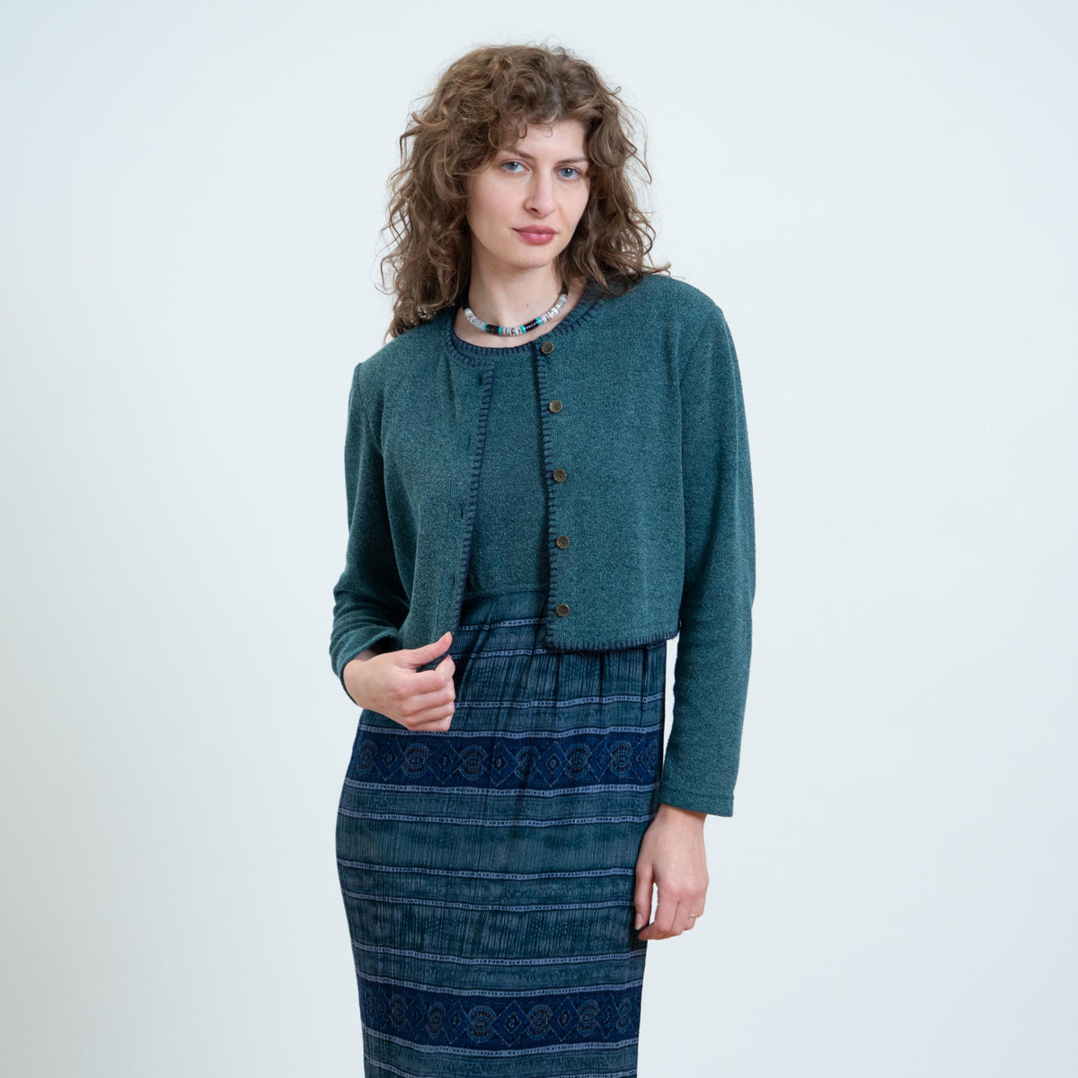 Vintage 90s Dark Teal Dress & Cardigan Set - Medium | Knit Matching Two Piece Outfit