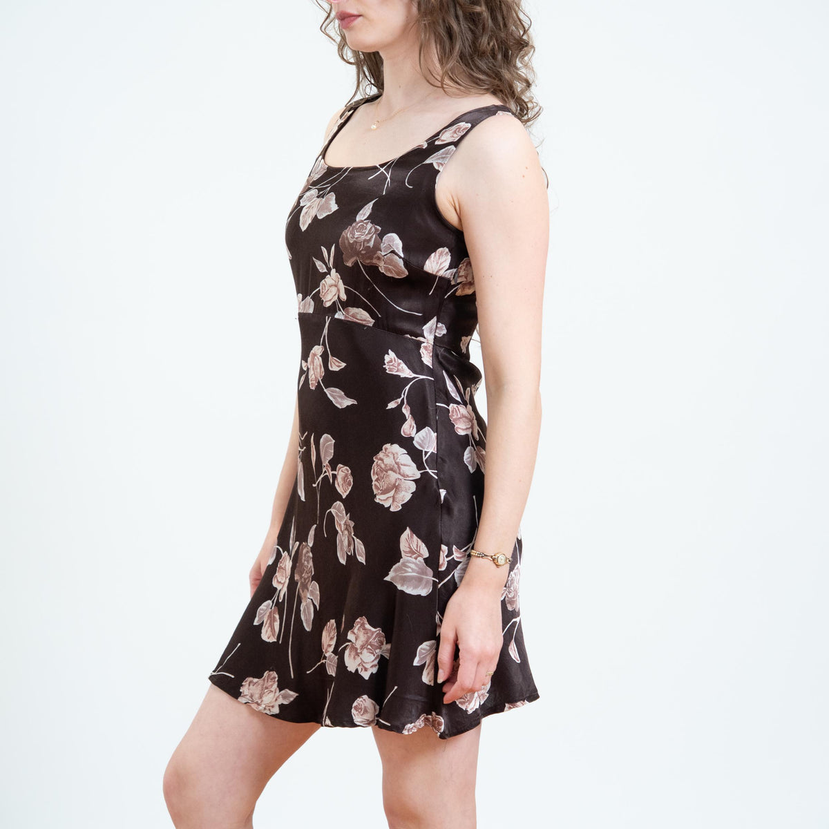 Vintage 90s Brown Rose Floral Satin Mini Dress - Small | Boho Sleeveless Babydoll Sundress