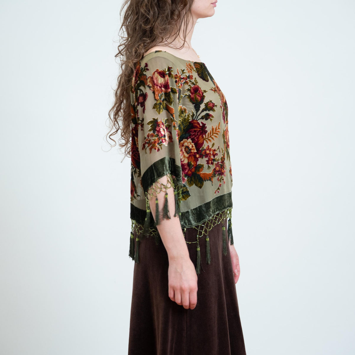 Vintage 90s Sage Green Floral Velvet Devore Tassel Top - Large | Boho Whimsigoth Sheer Poncho Blouse