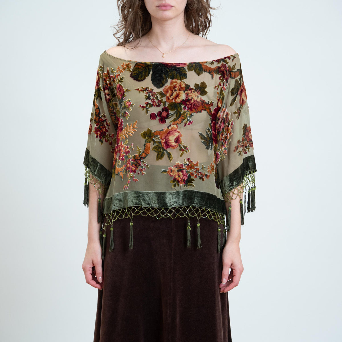 Vintage 90s Sage Green Floral Velvet Devore Tassel Top - Large | Boho Whimsigoth Sheer Poncho Blouse