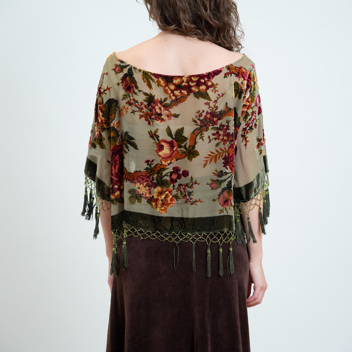 Vintage 90s Sage Green Floral Velvet Devore Tassel Top - Large | Boho Whimsigoth Sheer Poncho Blouse