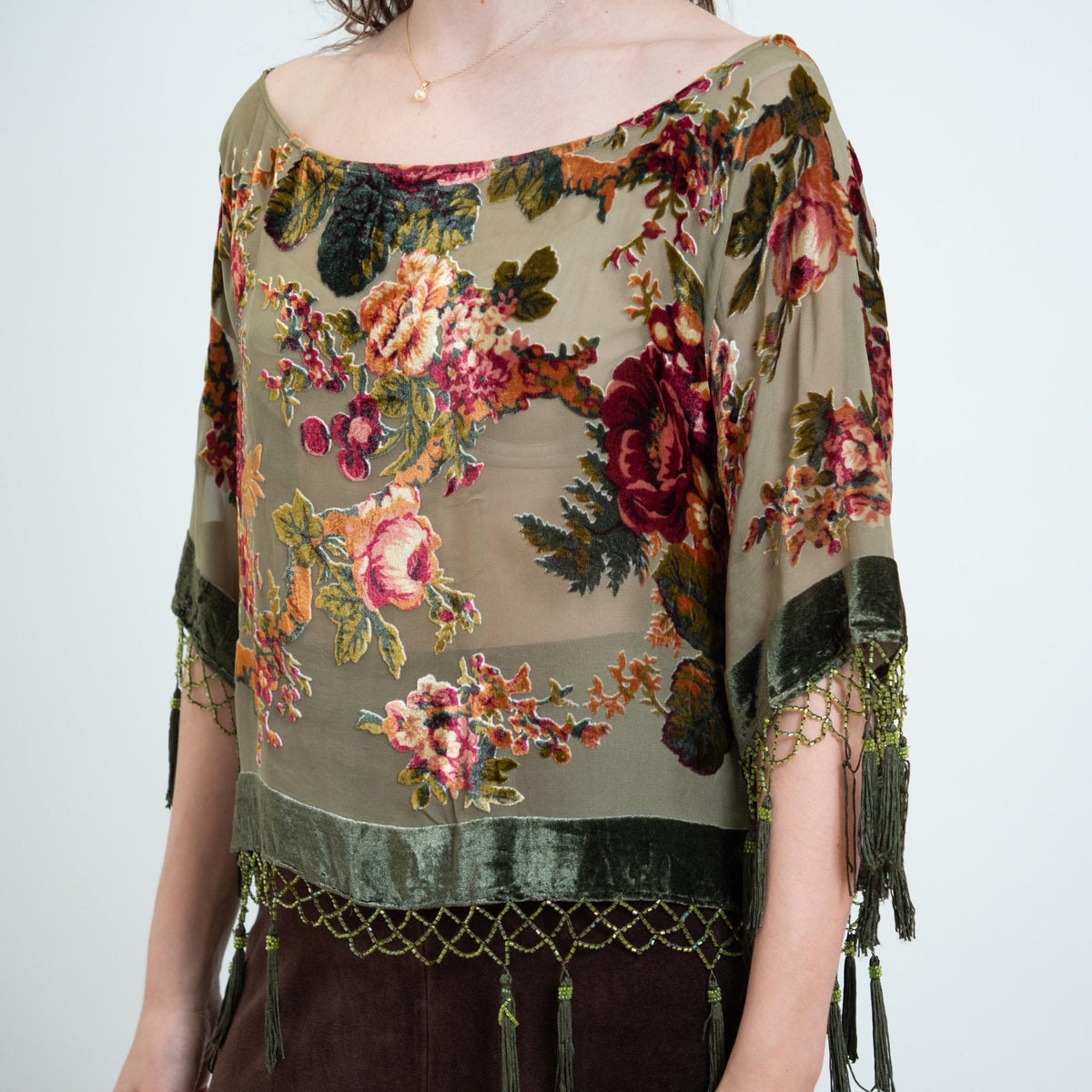 Vintage 90s Sage Green Floral Velvet Devore Tassel Top - Large | Boho Whimsigoth Sheer Poncho Blouse