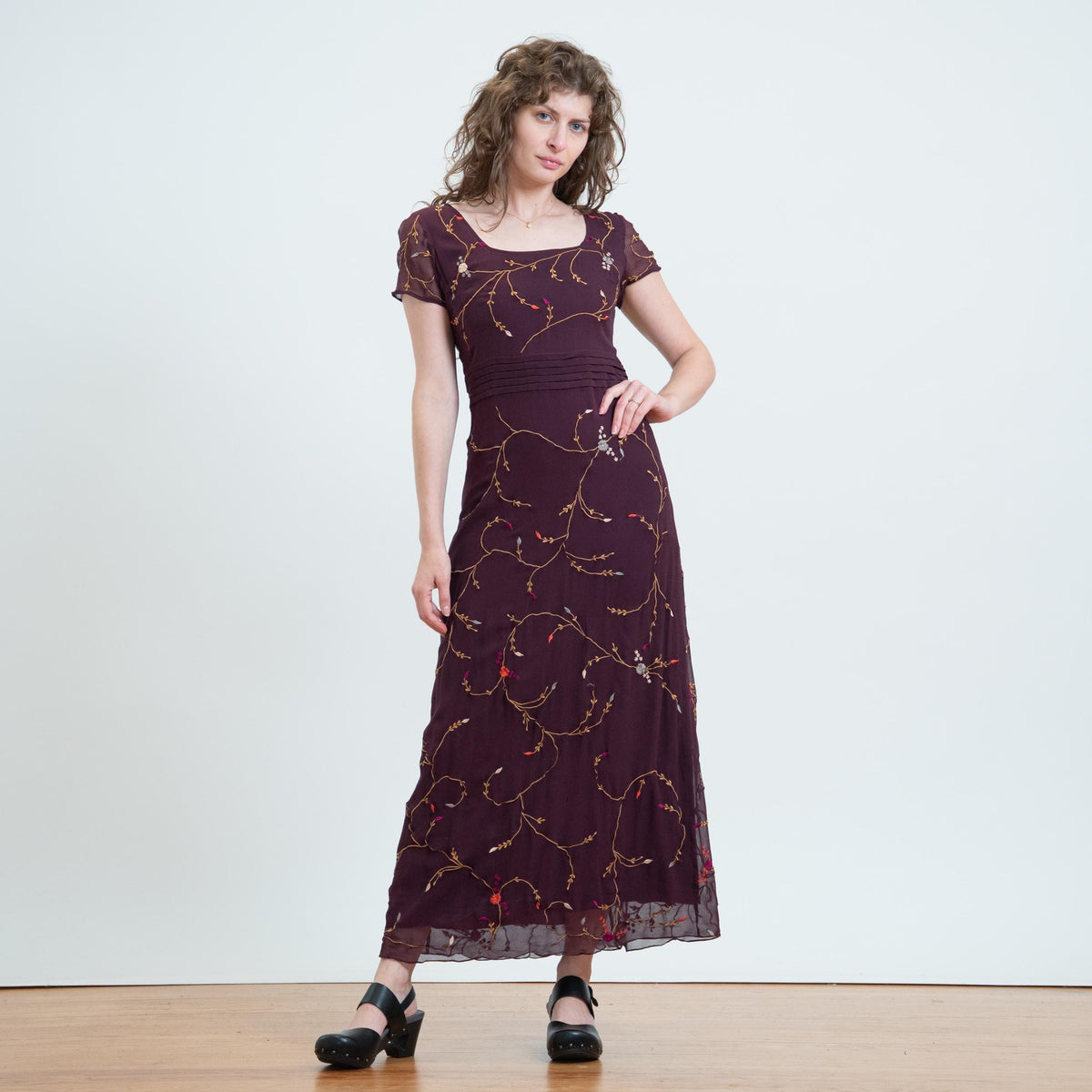 Vintage Y2K Plum Purple Silk Embroidered Maxi Dress - Small | Whimsigoth Boho Square Neck Long Dress