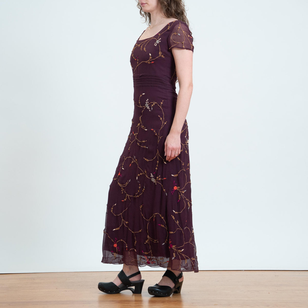 Vintage Y2K Plum Purple Silk Embroidered Maxi Dress - Small | Whimsigoth Boho Square Neck Long Dress
