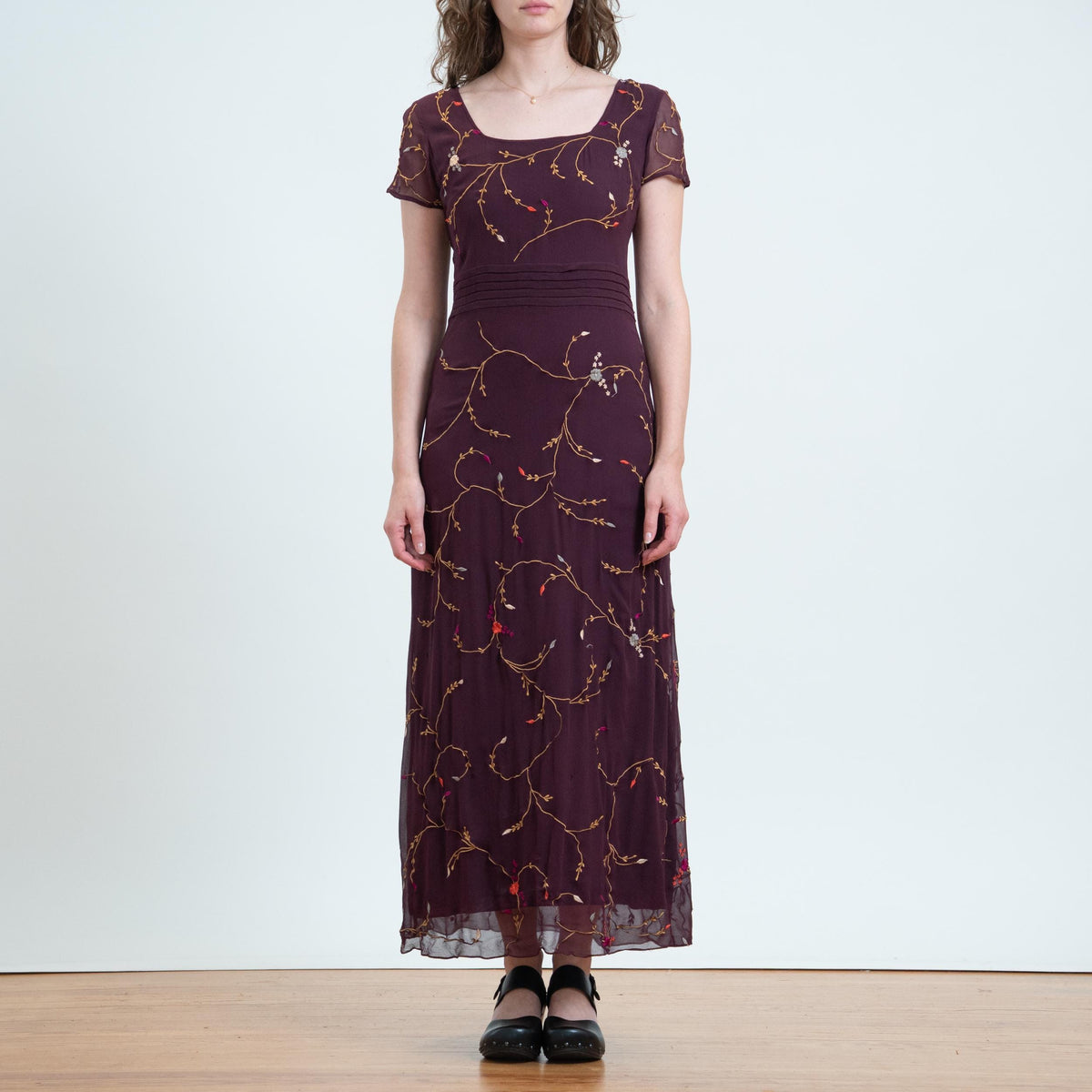 Vintage Y2K Plum Purple Silk Embroidered Maxi Dress - Small | Whimsigoth Boho Square Neck Long Dress