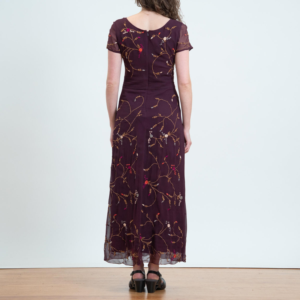 Vintage Y2K Plum Purple Silk Embroidered Maxi Dress - Small | Whimsigoth Boho Square Neck Long Dress