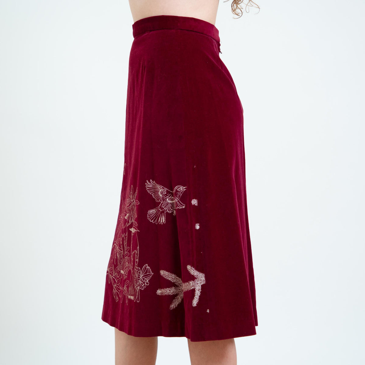 Vintage 70s Wine Red Velvet Bird Print Skirt - Small, 26” Waist | Boho A-Line Midi Skirt