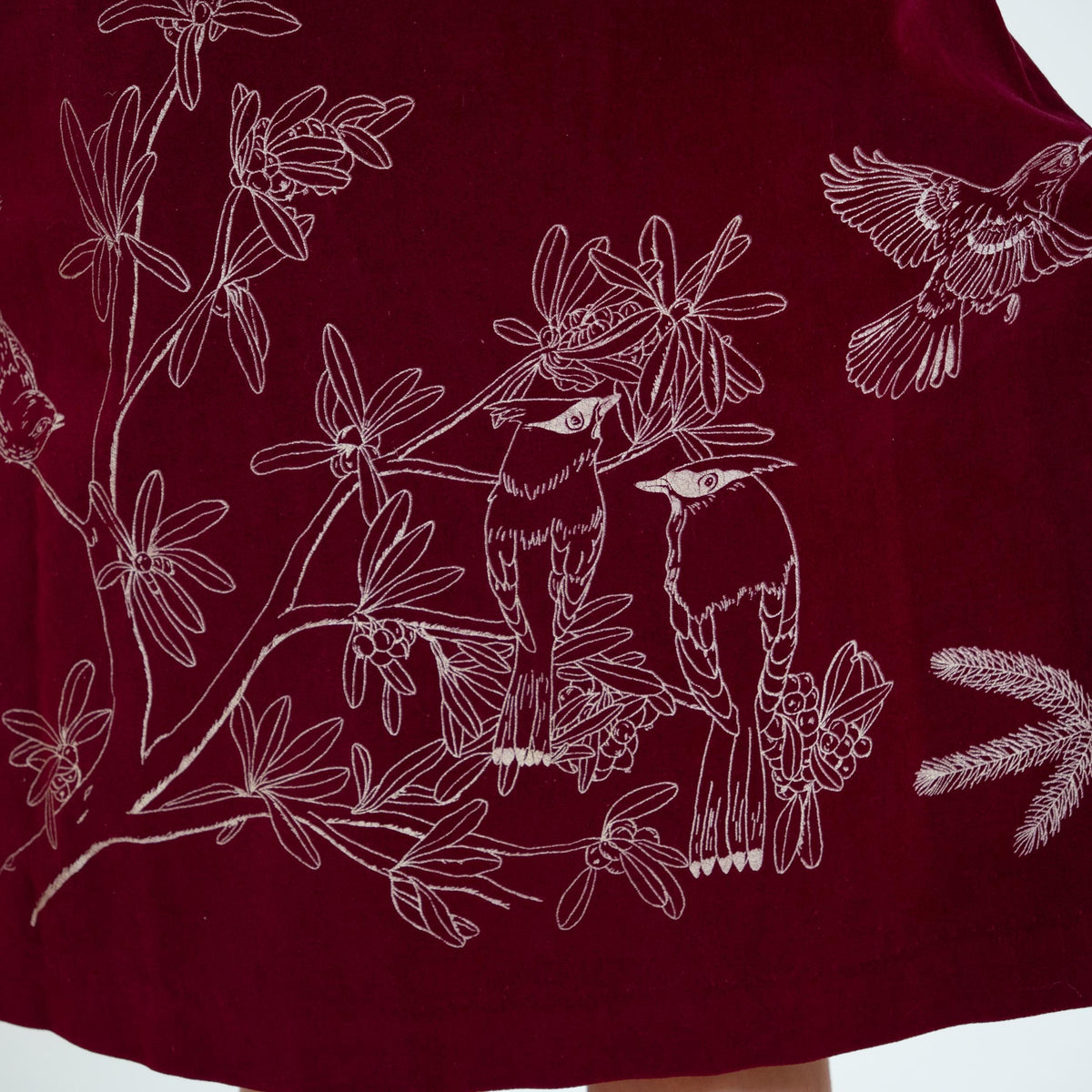 Vintage 70s Wine Red Velvet Bird Print Skirt - Small, 26” Waist | Boho A-Line Midi Skirt