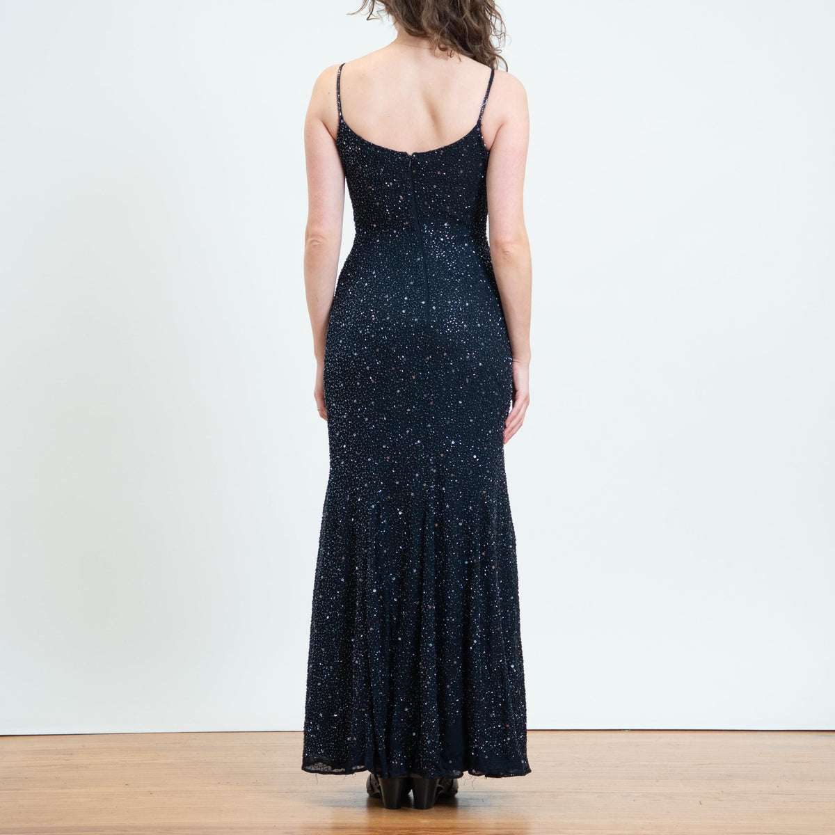 Vintage 90s Y2K Midnight Blue Beaded Gown, As Is - Small | Cristall Collection Bodycon Bias Cut Maxi Dress