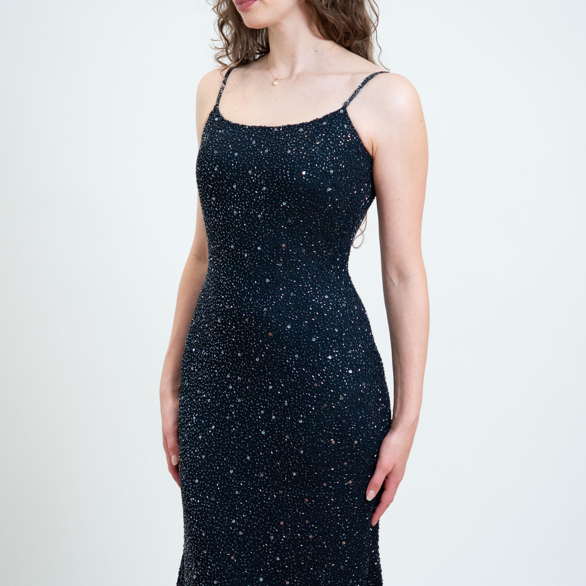Vintage 90s Y2K Midnight Blue Beaded Gown, As Is - Small | Cristall Collection Bodycon Bias Cut Maxi Dress