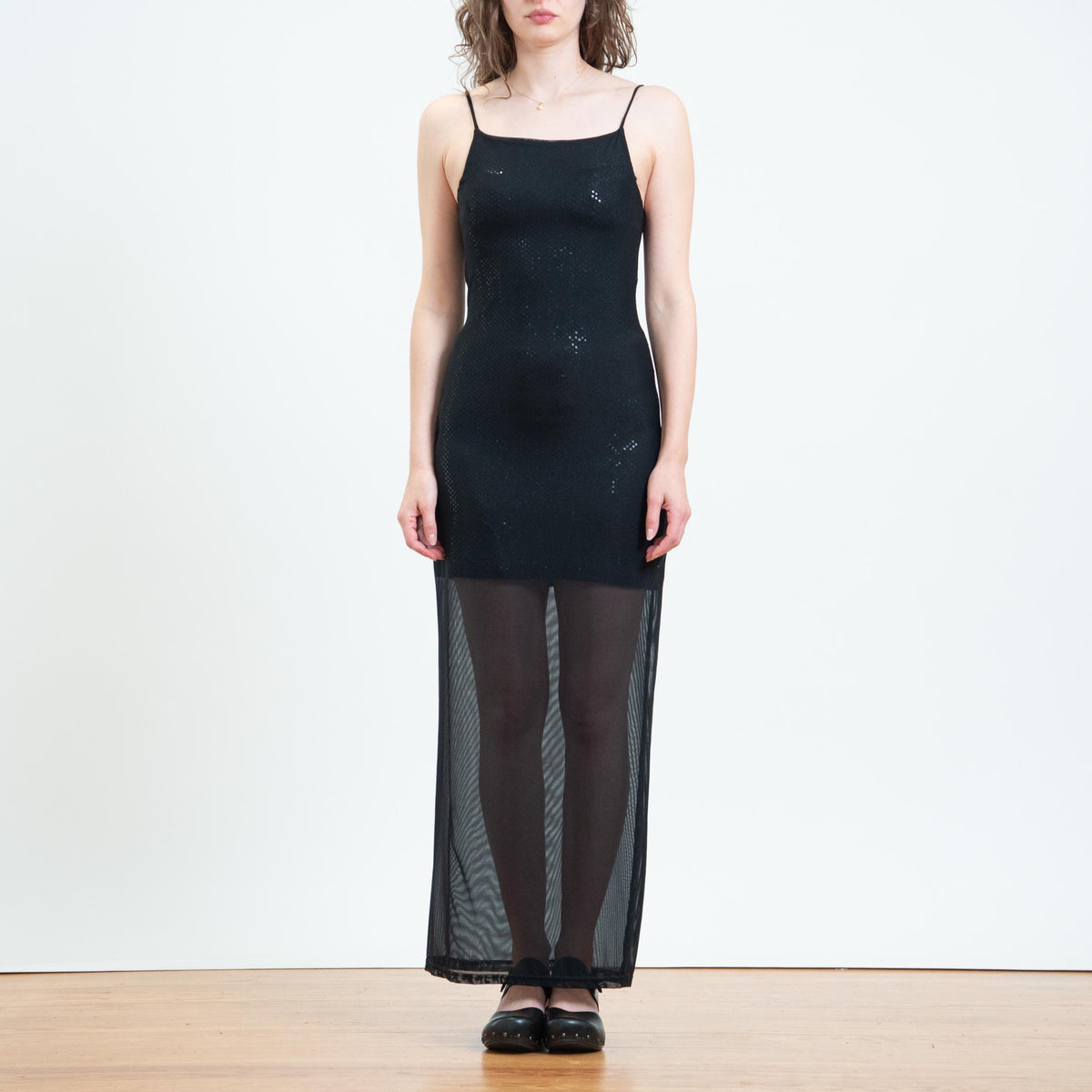 Vintage 90s Black Sheer Overlay Sparkle Maxi Dress - Small | Low Back Sleeveless Bodycon Gown Party Dress