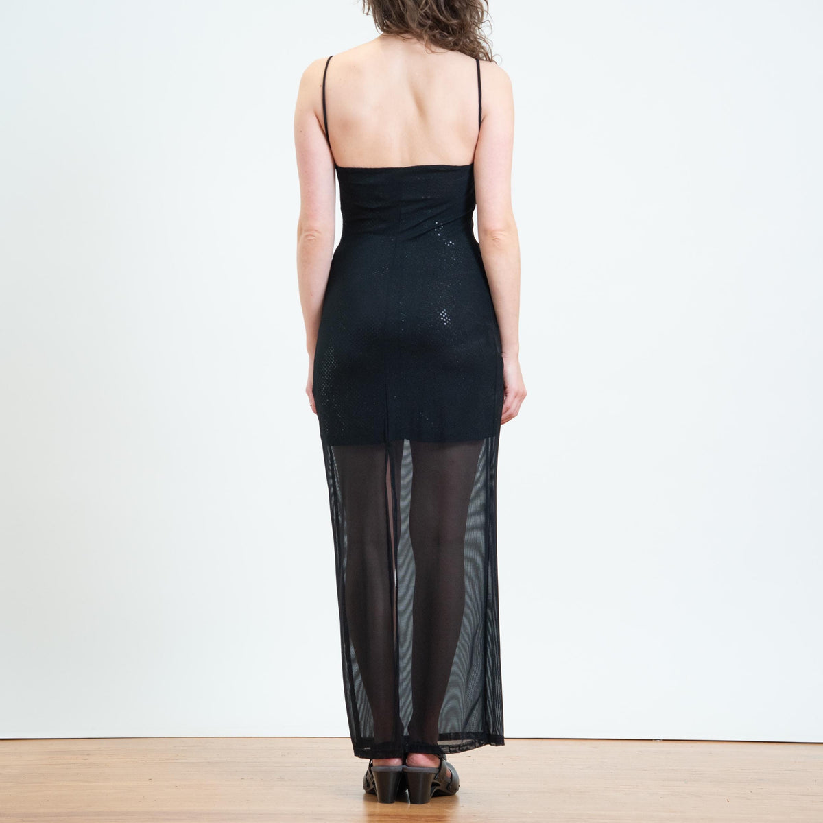 Vintage 90s Black Sheer Overlay Sparkle Maxi Dress - Small | Low Back Sleeveless Bodycon Gown Party Dress