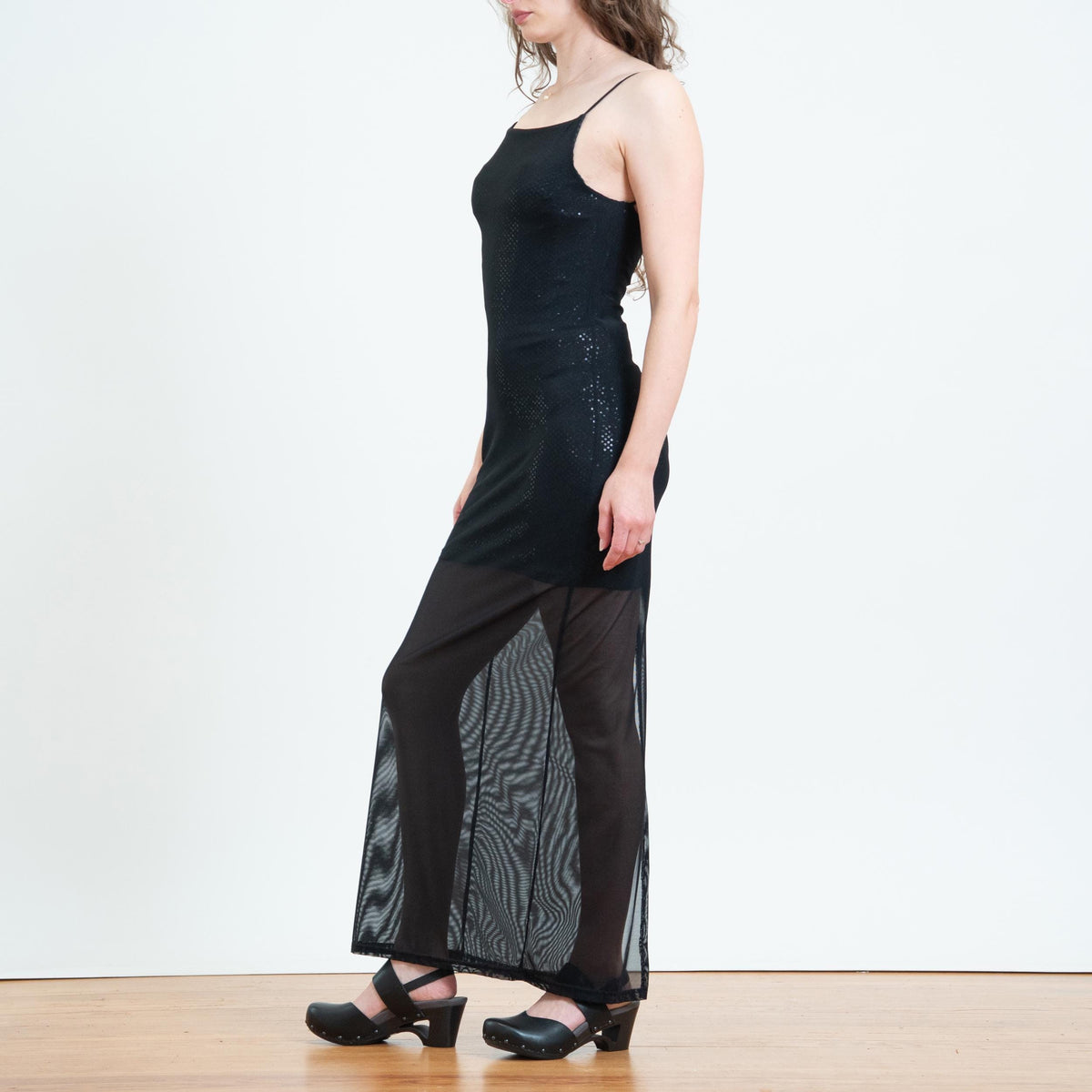 Vintage 90s Black Sheer Overlay Sparkle Maxi Dress - Small | Low Back Sleeveless Bodycon Gown Party Dress