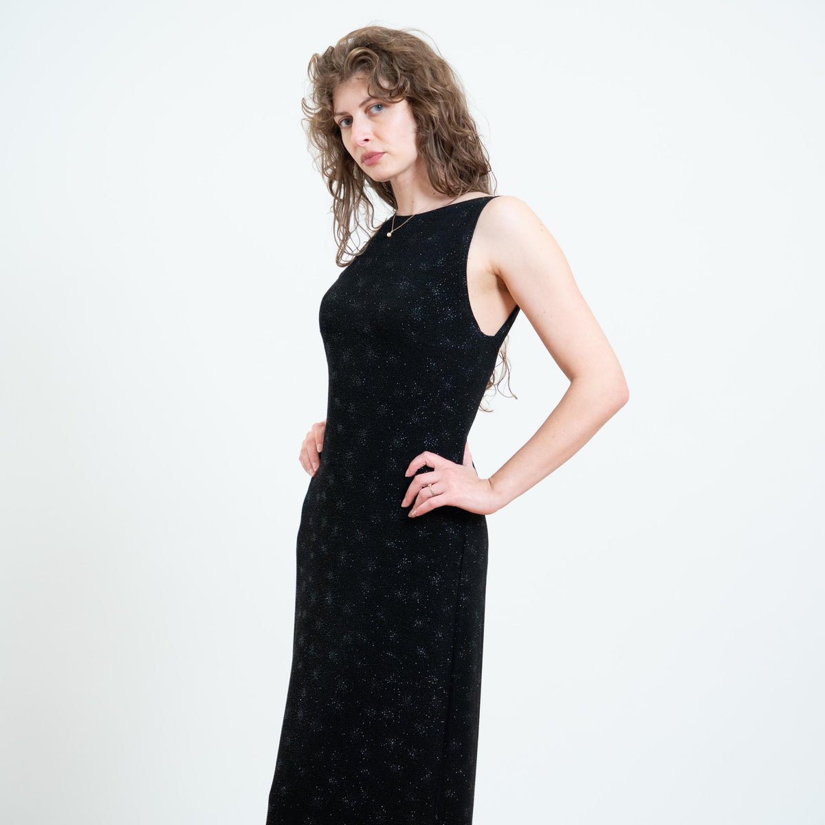 Vintage 90s Black Low Back Sparkle Gown - Medium | Low Back Sleeveless Party Dress