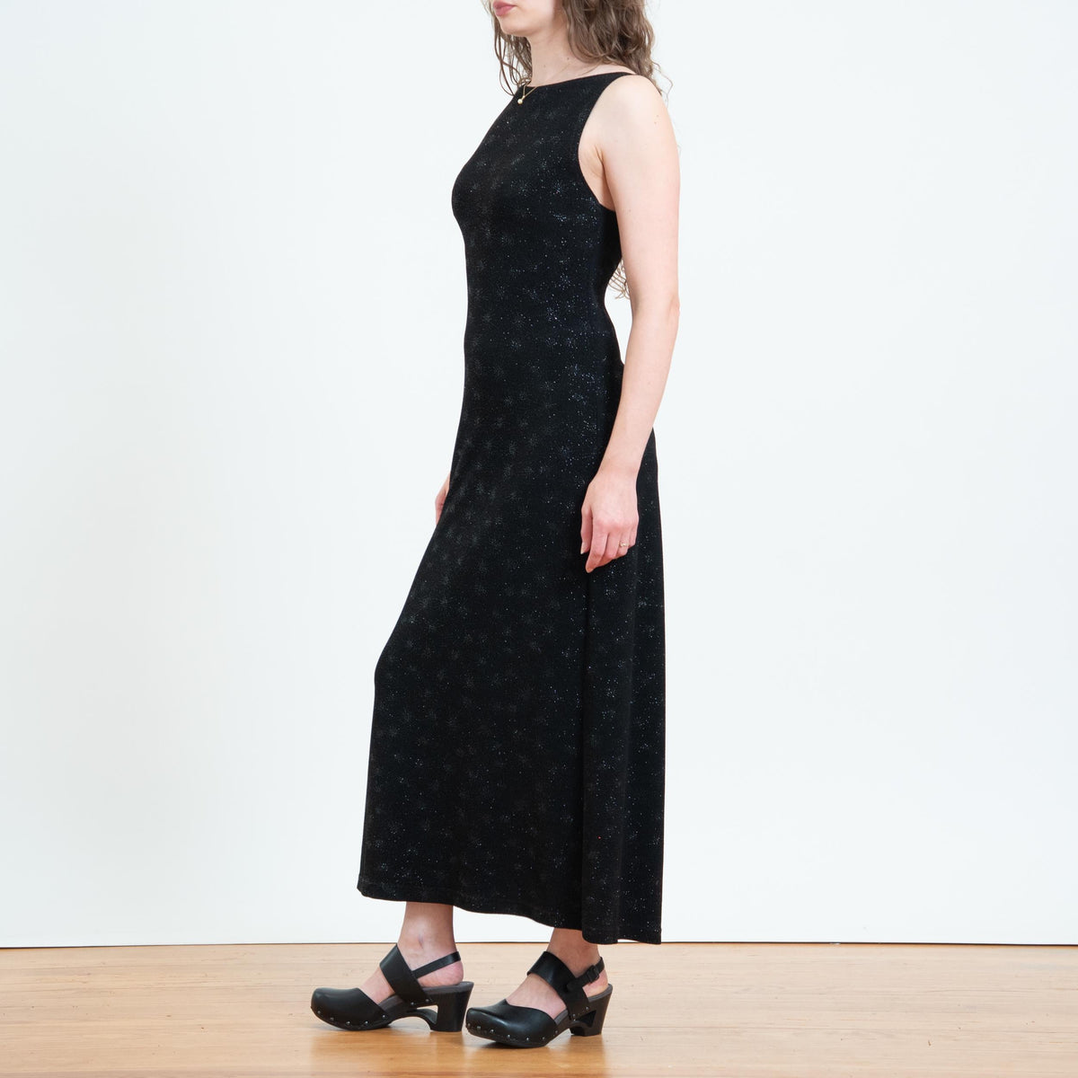 Vintage 90s Black Low Back Sparkle Gown - Medium | Low Back Sleeveless Party Dress