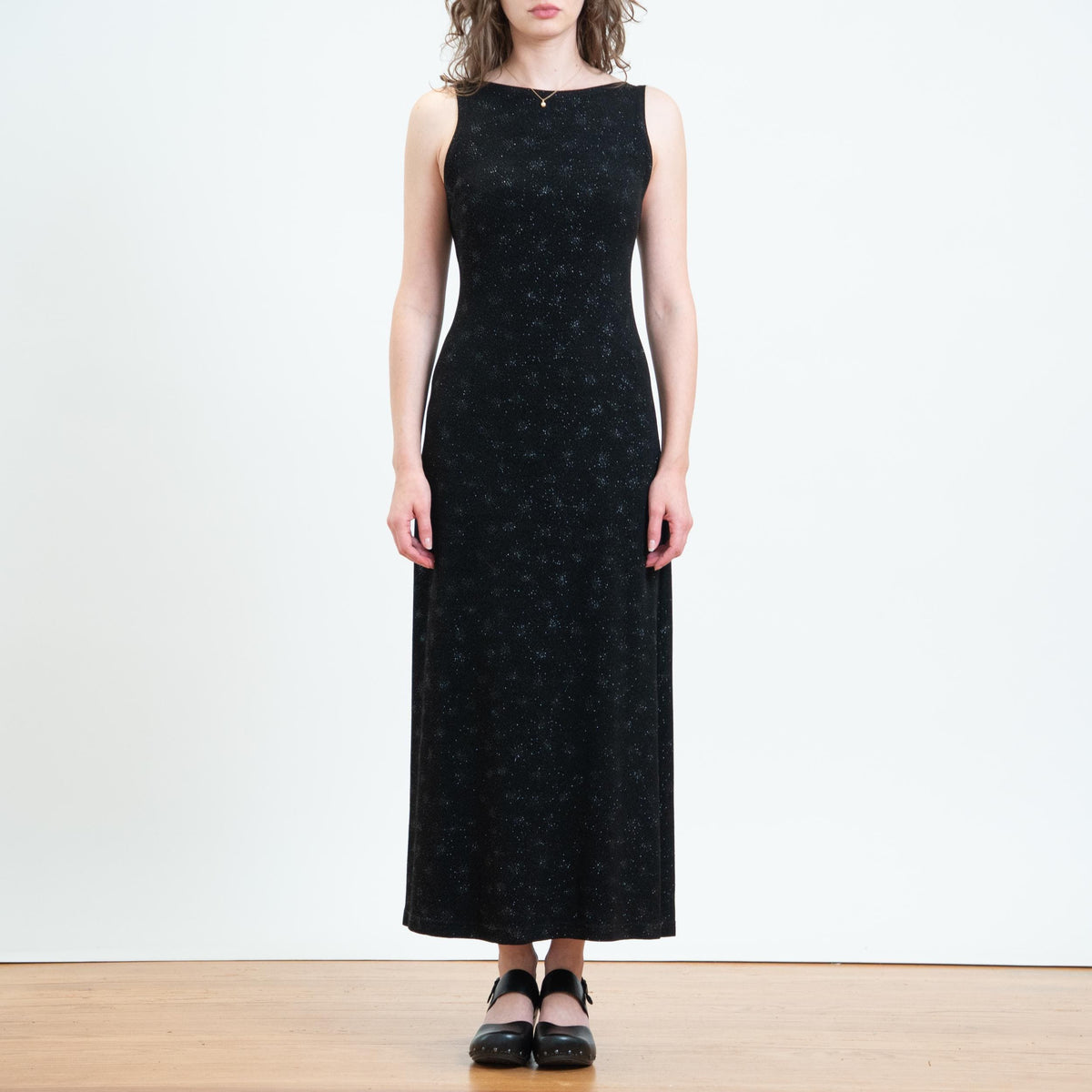 Vintage 90s Black Low Back Sparkle Gown - Medium | Low Back Sleeveless Party Dress