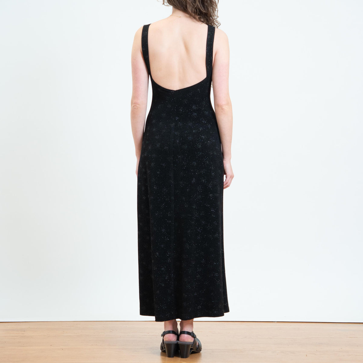 Vintage 90s Black Low Back Sparkle Gown - Medium | Low Back Sleeveless Party Dress