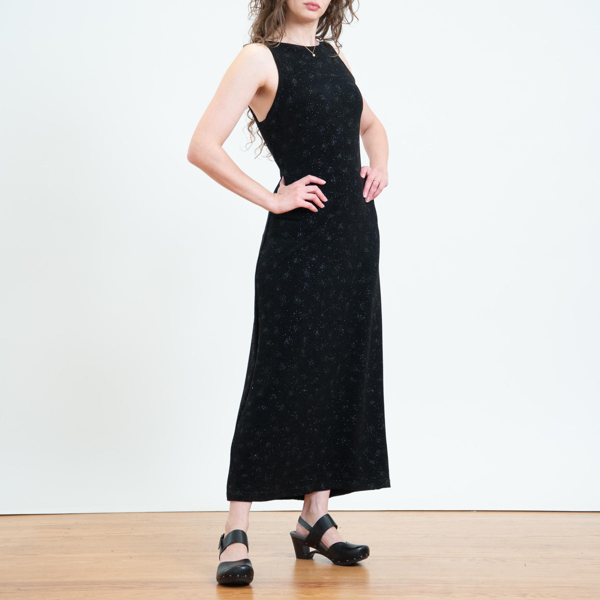 Vintage 90s Black Low Back Sparkle Gown - Medium | Low Back Sleeveless Party Dress