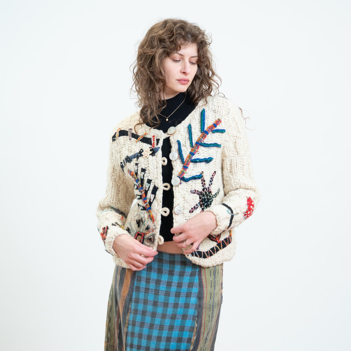Vintage 90s Embroidered Art Teacher Whimsy Cardigan - Small | Boho Chunky Knit Button Up Sweater