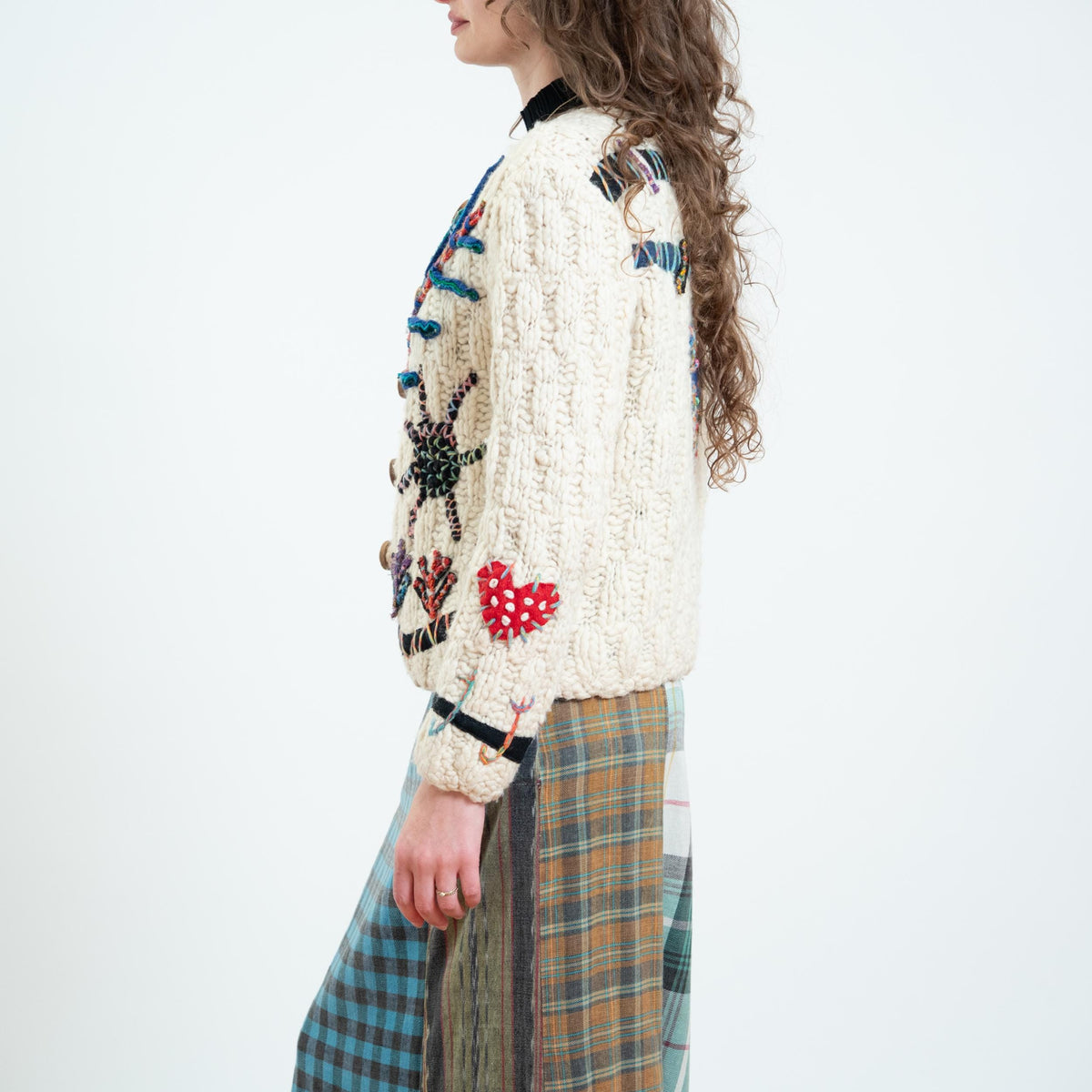 Vintage 90s Embroidered Art Teacher Whimsy Cardigan - Small | Boho Chunky Knit Button Up Sweater