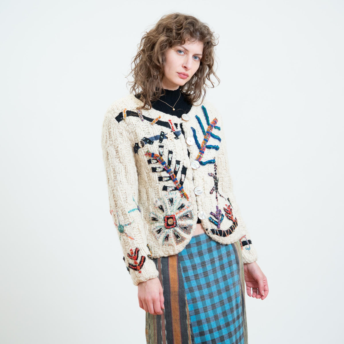 Vintage 90s Embroidered Art Teacher Whimsy Cardigan - Small | Boho Chunky Knit Button Up Sweater