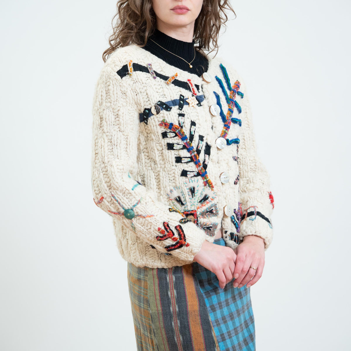 Vintage 90s Embroidered Art Teacher Whimsy Cardigan - Small | Boho Chunky Knit Button Up Sweater