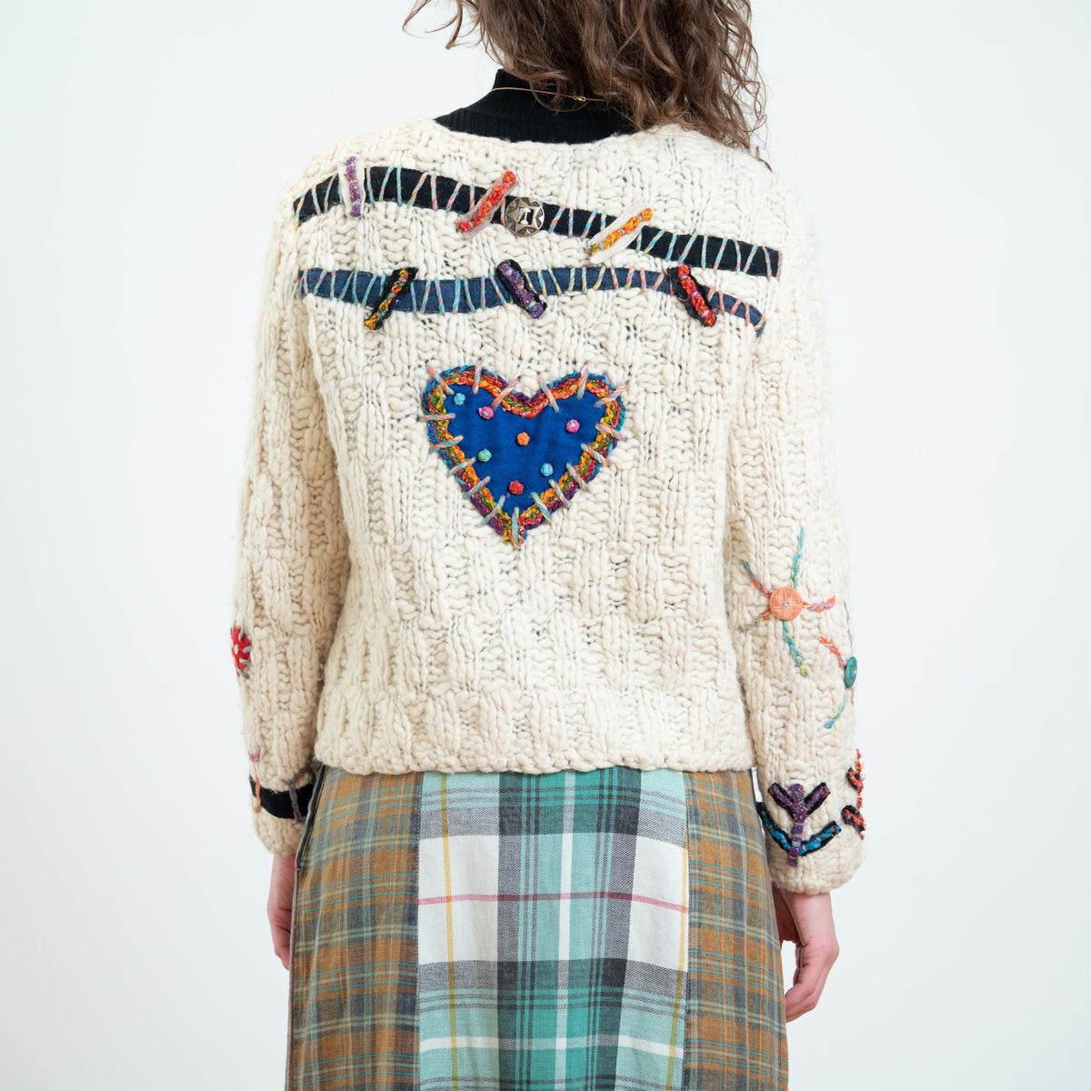 Vintage 90s Embroidered Art Teacher Whimsy Cardigan - Small | Boho Chunky Knit Button Up Sweater