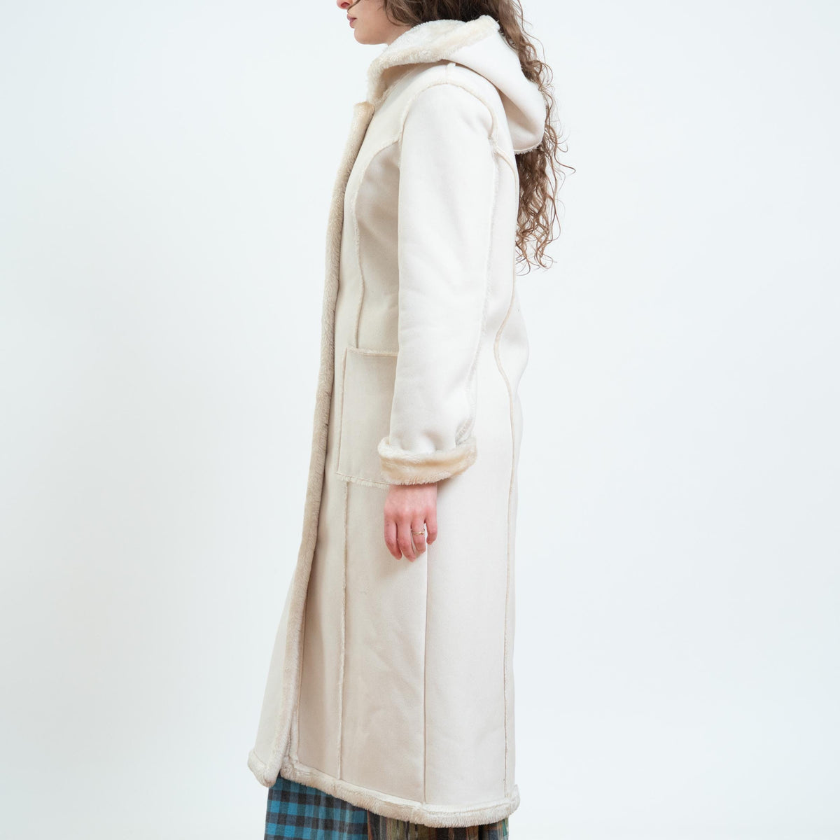 Vintage Y2K Does 70s Cream Faux Shearling Hooded Coat - Small | Boho Plush Sherpa Long Winter Jacket