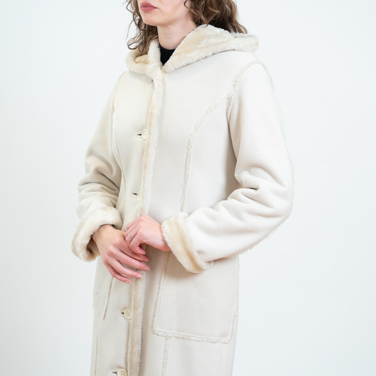 Vintage Y2K Does 70s Cream Faux Shearling Hooded Coat - Small | Boho Plush Sherpa Long Winter Jacket