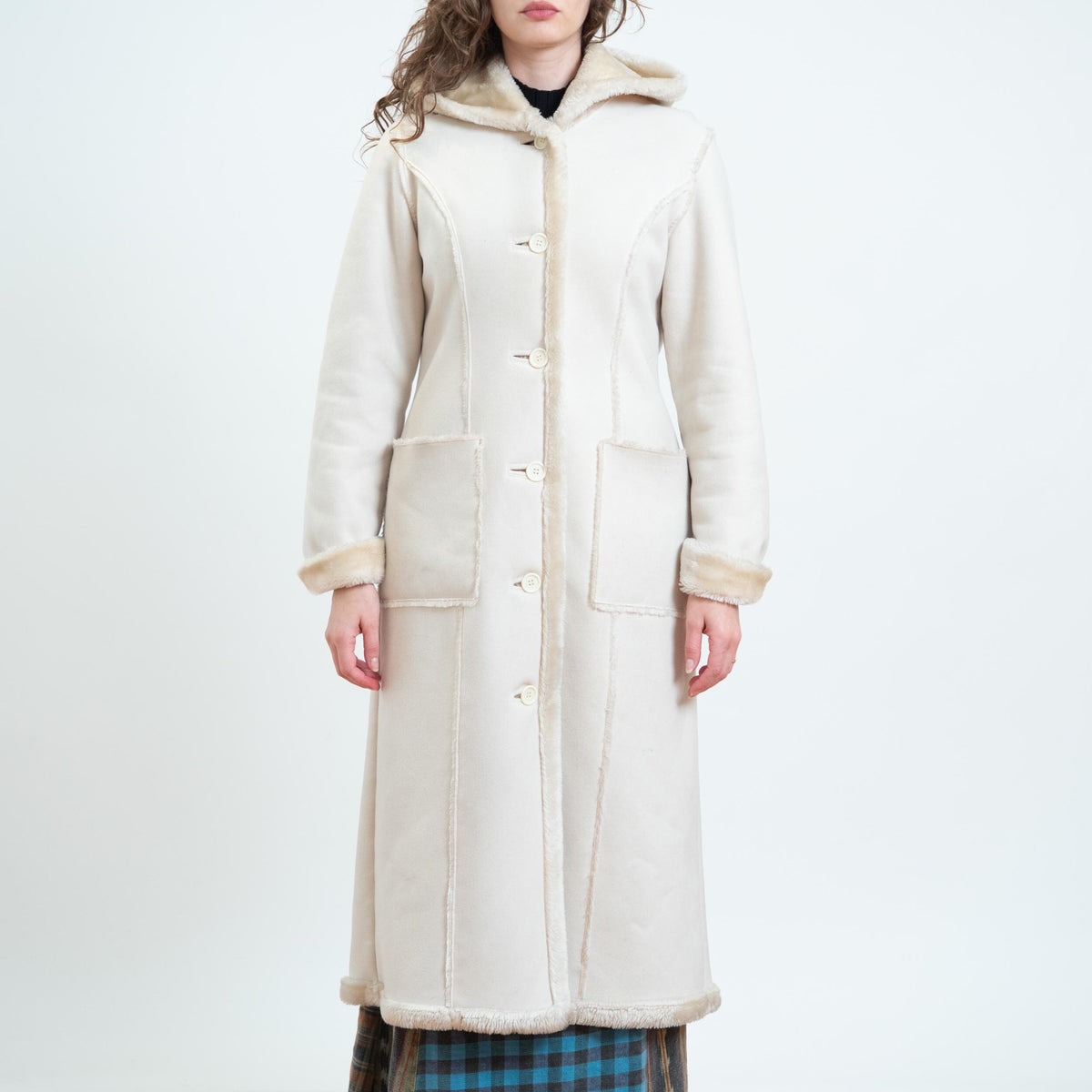 Vintage Y2K Does 70s Cream Faux Shearling Hooded Coat - Small | Boho Plush Sherpa Long Winter Jacket