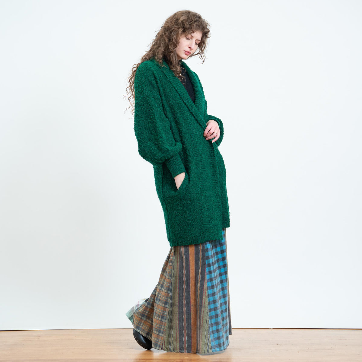 Vintage 80s Emerald Green Boucle Knit Cardigan - Medium | Open Front Boho Chunky Knit Longline Sweater Cover Up