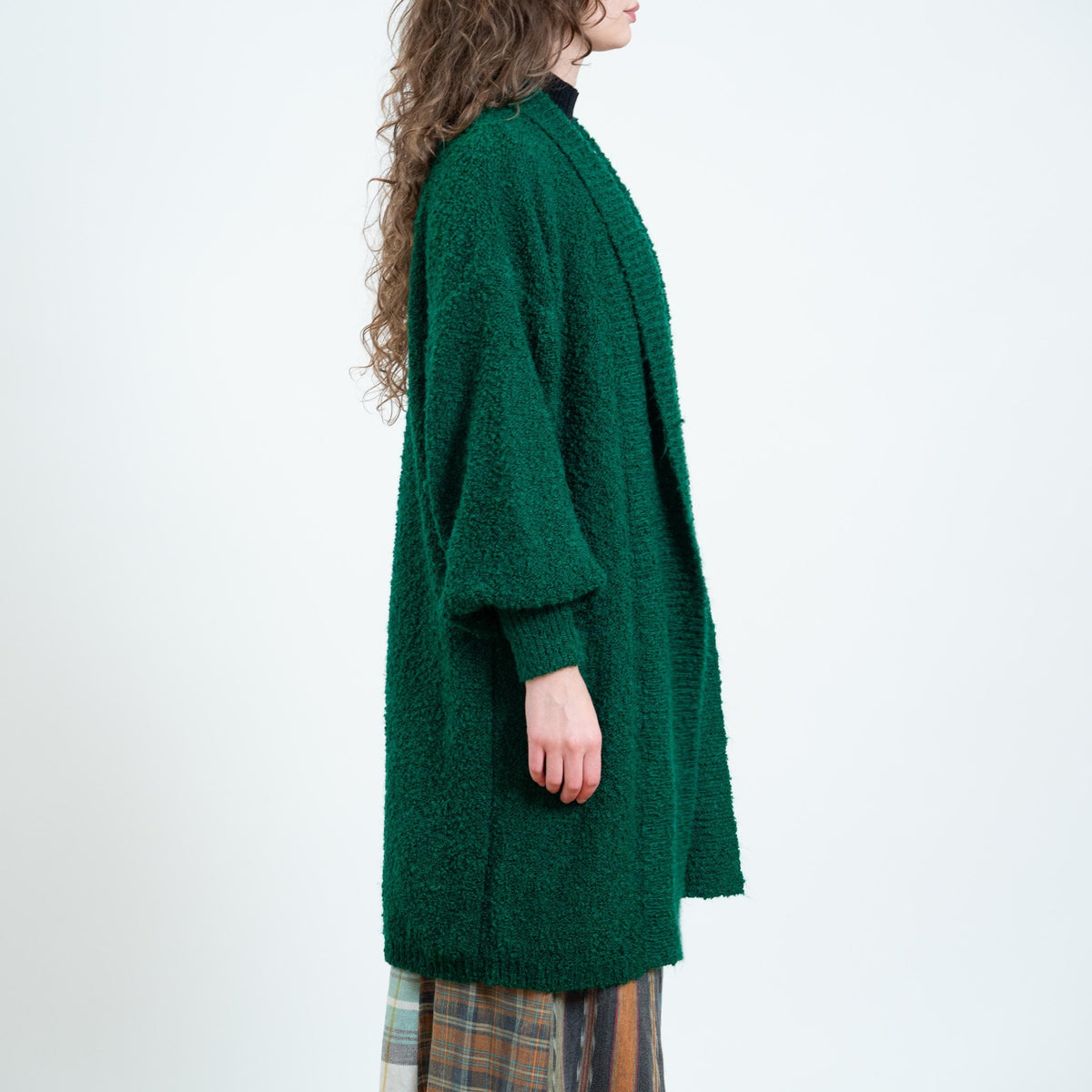 Vintage 80s Emerald Green Boucle Knit Cardigan - Medium | Open Front Boho Chunky Knit Longline Sweater Cover Up